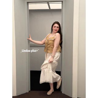 LindaaPlus-- กระโปรงยาวผ้าลินินแต่งลูกไม้ 🌸🫧 สาวอวบอ้วนใส่ได้ มีซับใน เอวสม๊อครอบ ตัดเย็บเป็นชั้นๆตัดกับลูกไม้บางๆ