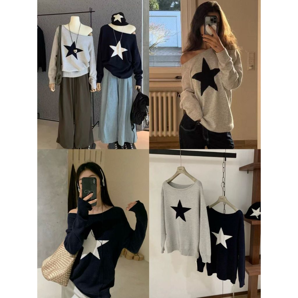 Jason Knits - แขนยาวไหมพรมทรงปาดไหล่ ลายดาว #Tag WGWE (พร้อมส่ง)