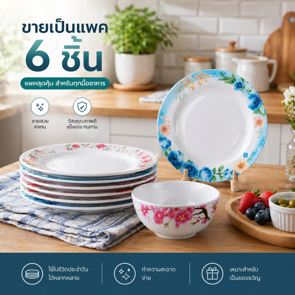 ชุดจานเมลามีน จานชามราคาถูกๆ  จาน ถ้วย แพค 6 ชิ้น