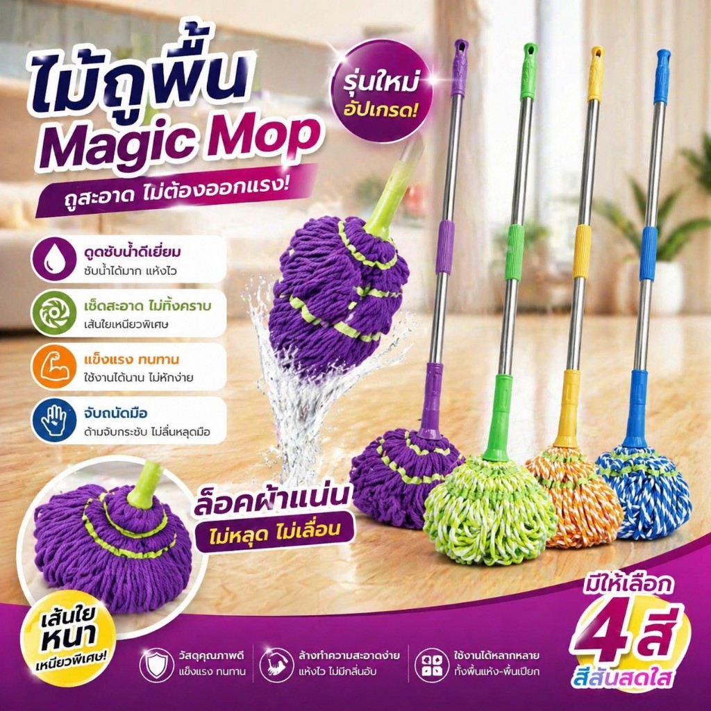 AT.Homemart ไม้ถูพื้น บิดล็อค MagicMop บิดผ่อนแรงมือไม่เลอะน้ำ ผ้าไมโครไฟเบอร์ซับน้ำดีเยี่ยม ด้ามปรับระดับได้ พร้อมส่ง