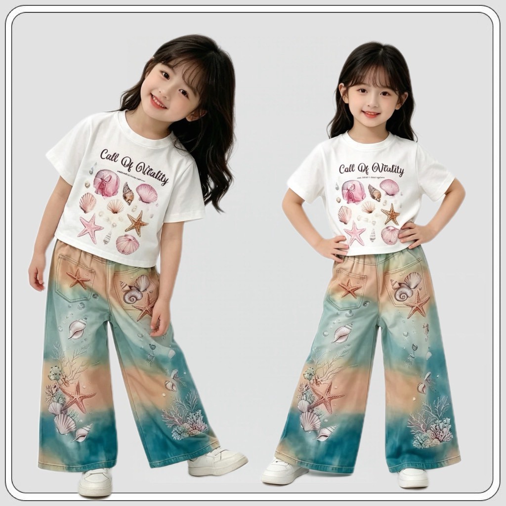 MC266 ชุดเซ็ตเด็กผู้หญิง เสื้อยืดลายเปลือกหอย+กางเกงขายาวลายทะเล สีพาสเทล น่ารักสดใส ใส่สบาย สไตล์เกาหลี