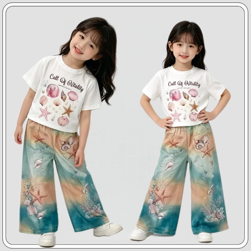 MC266 ชุดเซ็ตเด็กผู้หญิง เสื้อยืดลายเปลือกหอย+กางเกงขายาวลายทะเล สีพาสเทล น่ารักสดใส ใส่สบาย สไตล์เกาหลี