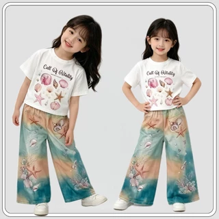 MC266 ชุดเซ็ตเด็กผู้หญิง เสื้อยืดลายเปลือกหอย+กางเกงขายาวลายทะเล สีพาสเทล น่ารักสดใส ใส่สบาย สไตล์เกาหลี