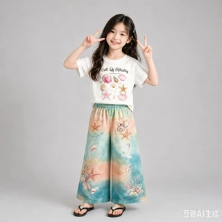 MC266 ชุดเซ็ตเด็กผู้หญิง เสื้อยืดลายเปลือกหอย+กางเกงขายาวลายทะเล สีพาสเทล น่ารักสดใส ใส่สบาย สไตล์เกาหลี