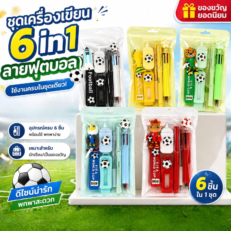 ชุดเครื่องเขียนลายฟุตบอล 6in1 ⚽ ปากกาเจล เซ็ตนักเรียน ของขวัญแฟนบอล ช่วงบอลโลก พกพาง่าย