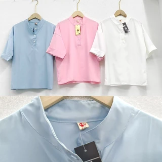 เสื้อคอจีนผู้หญิง ผ้าฝ้ายฟอกนุ่มสีพื้น เสื้อคอจีนแต่งกระดูม ขนาดฟรีไซส์ อก 30-38 นิ้ว มีให้เลือก 3 สีจ้า💗💙🤍