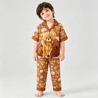 BB264 ชุดนอนเด็กผู้หญิงผู้ชาย ลายหมีน้อย เสื้อกระดุมหน้า กางเกงขายาว