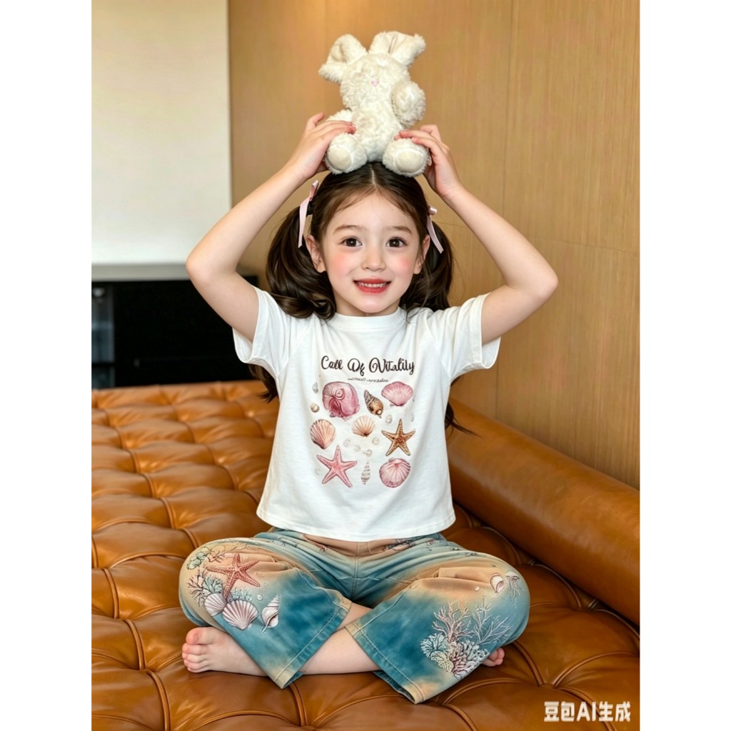 AY266 เซ็ตเสื้อกางเกงเด็ก ลายหอยทะเล สีหวาน ใส่สบาย เหมาะกับหน้าร้อน ราคา ถูกที่สุด ดีลบีเคเค แกลเลอรีภาพที่ 2