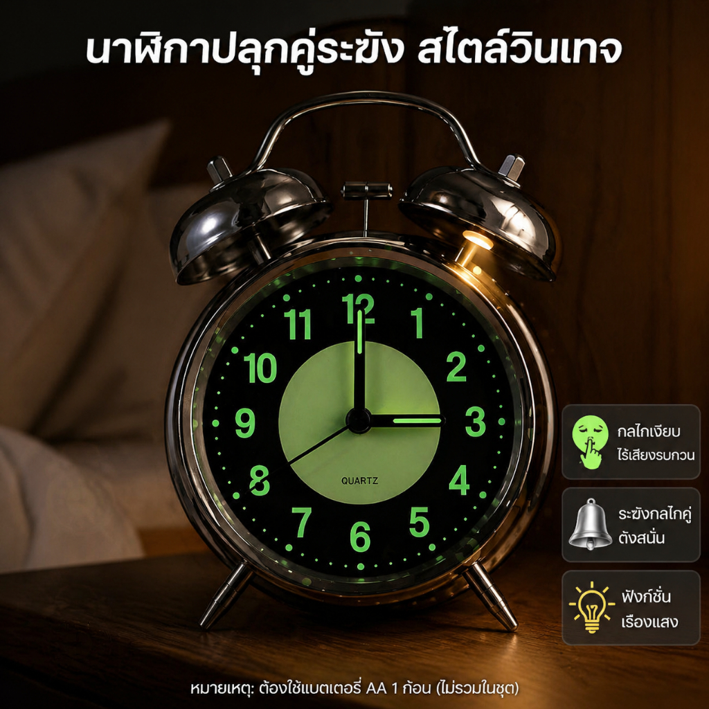 นาฬิกาปลุกเสียงดัง | กระดิ่งคู่โลหะ 4 นิ้ว | พร้อมไฟกลางคืน | สไตล์เรโทร เหมาะไว้หัวเตียง ไว้ปลุกและตกแต่งห้องนอน