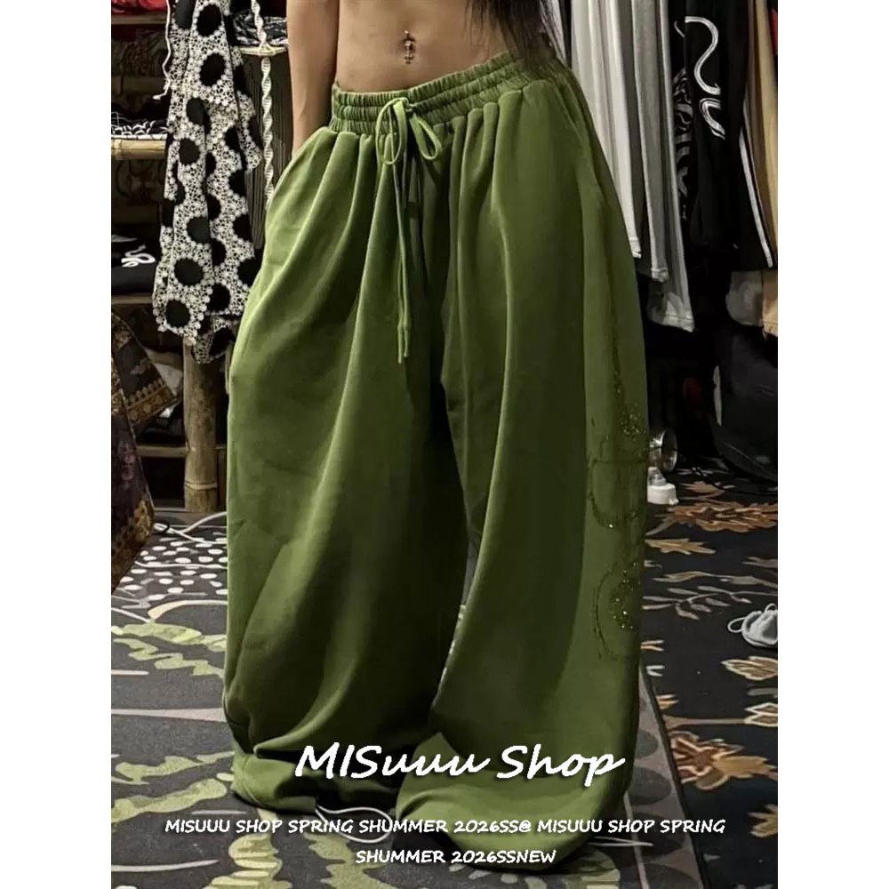 [Rhinestone Snake Print Wide Leg Pants]กางเกงขากว้างฤดูร้อนสไตล์วินเทจผ่อนคลายประดับคริสตัลลายงา