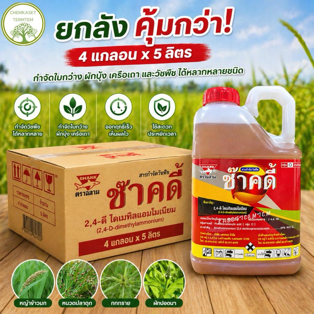 ช๊าคดี้ หวีทอง 5ลิตร (ยกลัง*4 แกลลอน)ทูโฟร์ดีน้ำ(หมาแดงน้ำ)กำจัดวัชพืชประเภทเลือกทำลาย ดูดซึมกึ่งเผา