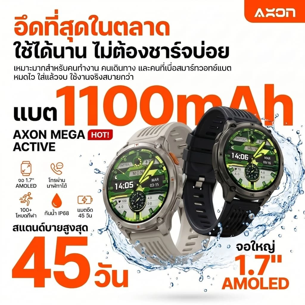 Axon Mega Active Smart watch จอ Amoled 1.70" โหมดกีฬา 100+ รับสาย คุยผ่านนาฬิกา IP68 กันน้ำ กันฝน รับประกัน 2 ปี thumbnail 6