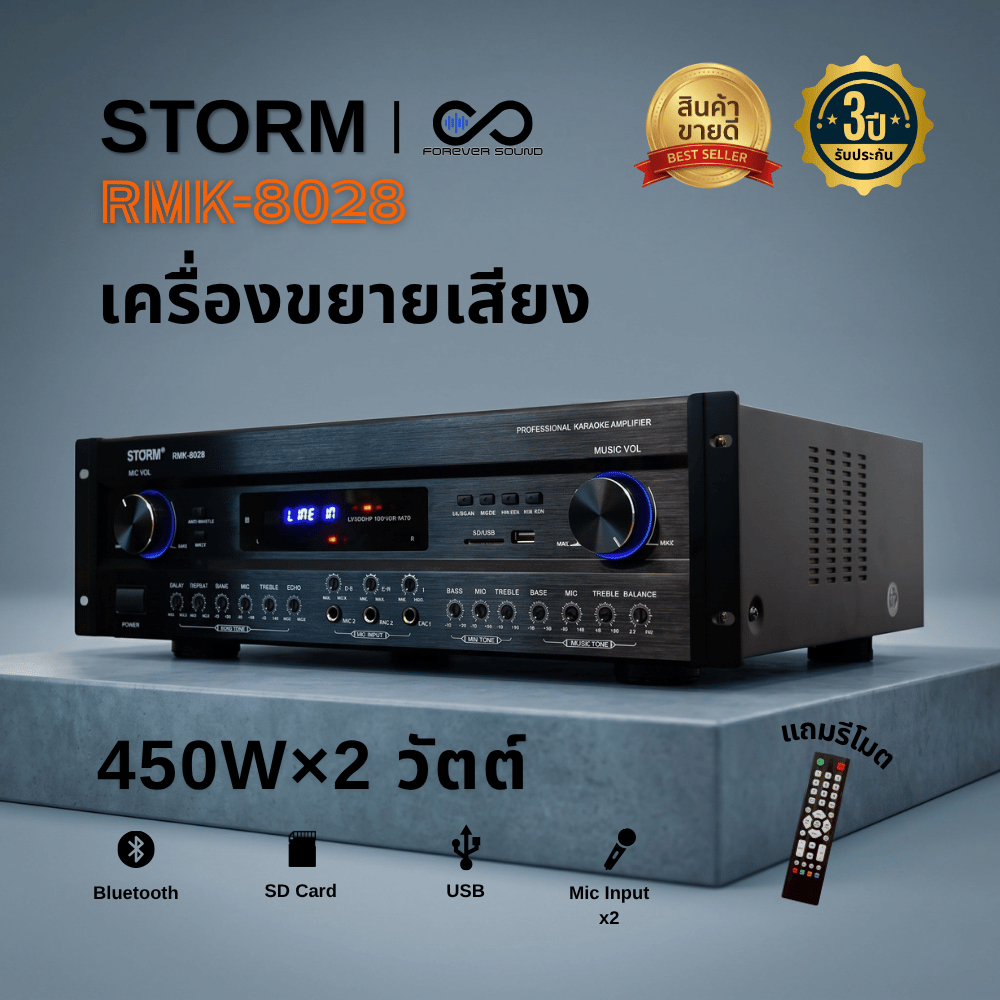 STORM รุ่น RMK-8028 เพาเวอร์แอมป์คาราโอเกะ 450W×2 RMS รองรับไมค์ 4 ช่อง Bluetooth/USB เสียงทรงพลัง คุณภาพระดับโปร!