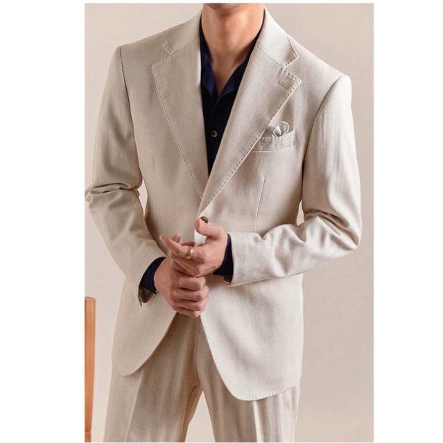 Mallago Men Premium Cream Suite set ผ้าลายฟันปลา เนื้อผ้าฝ้ายผสมลินินอย่างหนาไม่ต้องกลัวบาง