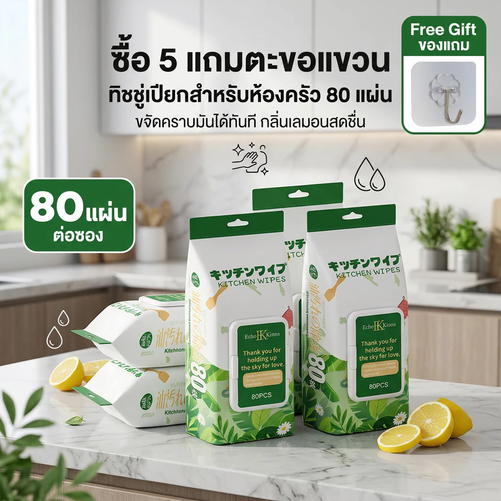 ทิชชู่เปียกทำความสะอาด 80 แผ่น เช็ดห้องครัว เตาแก๊ส กระเบื้อง จานชามได้ทุกอย่าง ไม่ฉีกขาดง่าย