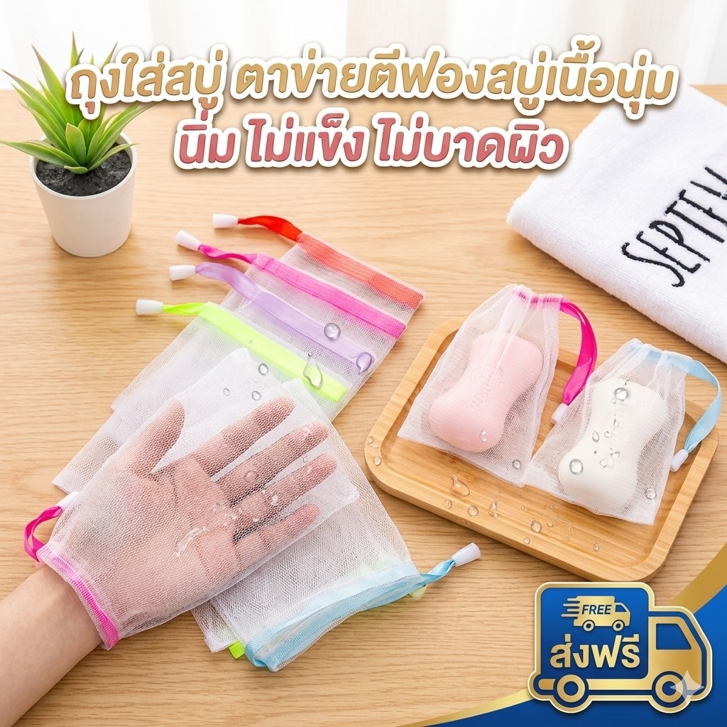 kingshopping TSFZ2(ร้านไทย) ถุงใส่สบู่ ตาข่ายตีฟองสบู่เนื้อนุ่ม นิ่ม ไม่แข็ง ไม่บาดผิว (อุปกรณ์อาบน้ำ-ทำความสะอาดผิว)