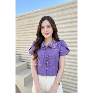 เสื้อผ้าฝ้ายคอบัวแต่งแขนกลีบบัวพิมพ์ลายไทย