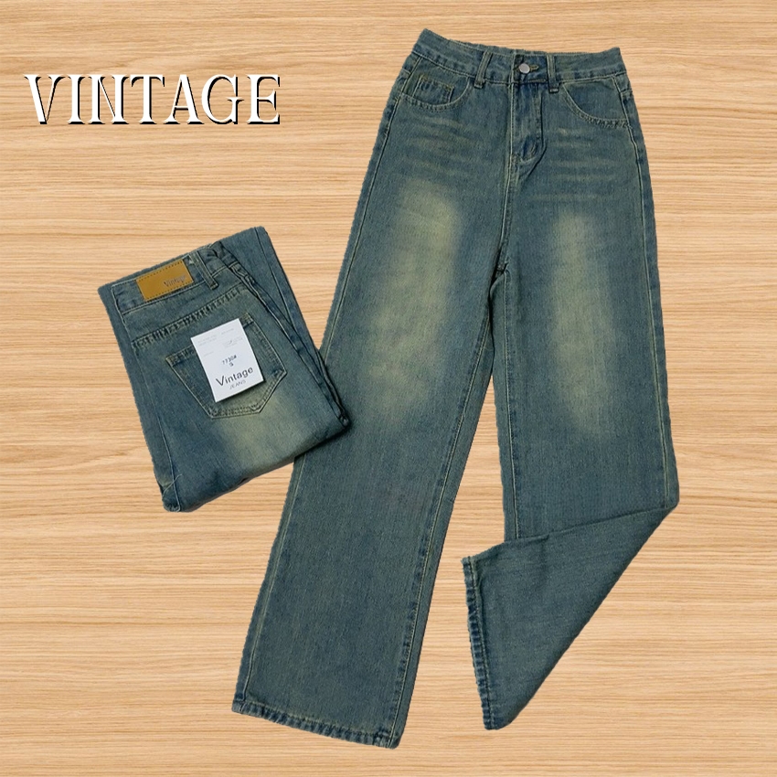 Vintage รุ่น #7730 กางเกงยีนส์ ทรงกระบอก สนิม แต่งเฟดขา ทรงสวยผ้าไม่ยืด