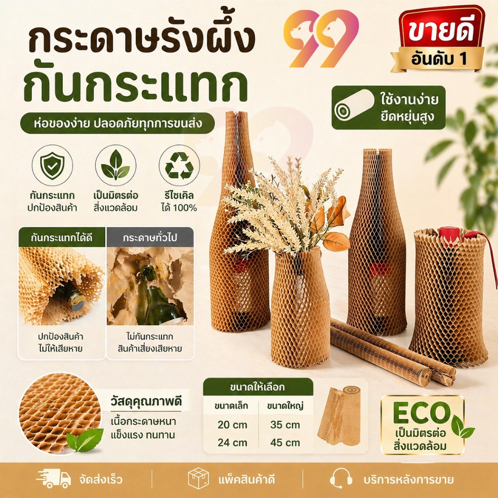 (ม้วน)กระดาษรังผึ้งกันกระแทก แบบยืดได้ ป้องกันการแตกหัก เหมาะสำหรับแพ็คสินค้าและขนส่ง รังผึ้งหุ้มสินค้า กันกระแทก 100%