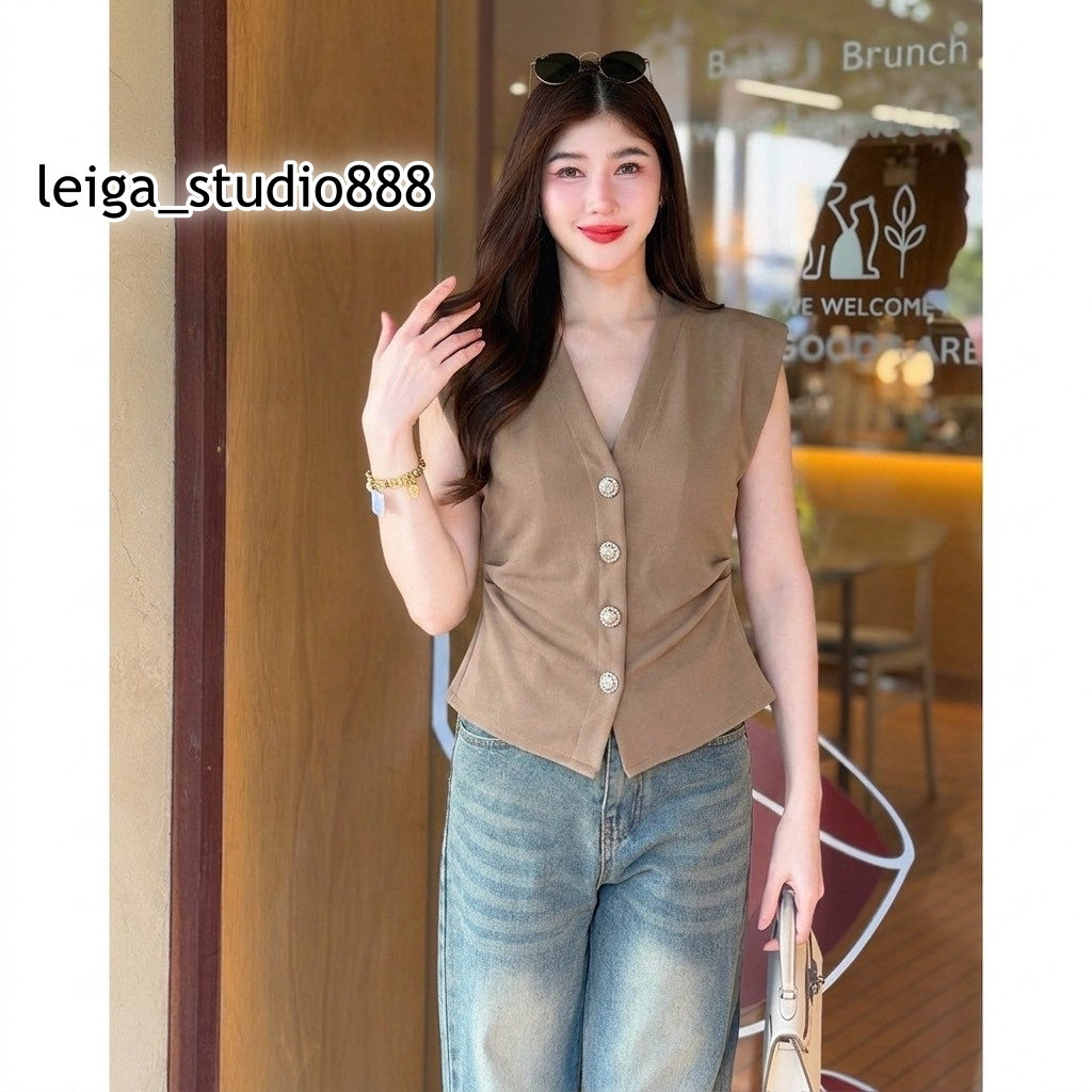เสื้อผ้าวูลเวฟ สไตล์เกาหลี แขนล้ำคอวีแต่งจีบข้างกระดุมหน้า A5368