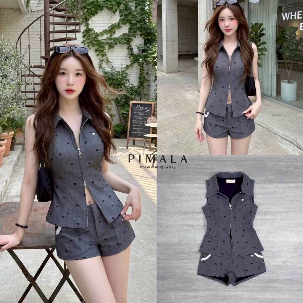 Pimala เซ็ตเสื้อคอปกซิปรูดด้านหน้า เนื้อผ้าน่ารักมากทั้งเซ็ต มีกิมมิคหัวใจติดglamทั้งเสื้อและกางเกงน่ารักสุดๆ