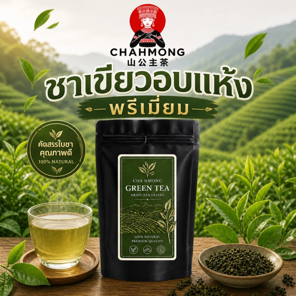 ชาเขียวพรีเมี่ยม PREMIUM GREEN TEA(สูตรหอมนุ่มละมุน) CHA HMONG (ไม่แต่งกลิ่นมะลิ)ชาเขียวจาก เชียงราย