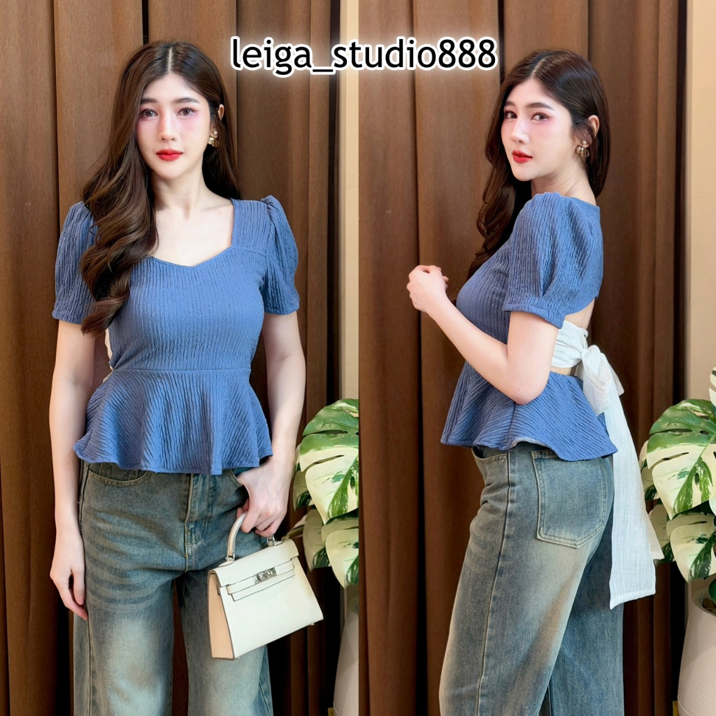 เสื้อแฟชั่น ผ้าเปลือกไม้ คอวี ทรงเข้ารูป ดีเทลเว้าหลัง ผูกโบว์หลัง สไตล์เวียดนาม ใส่แมท สายคาเฟ่ LG253