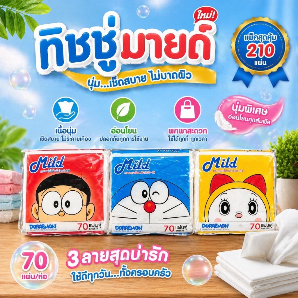 กระดาษทิชชู่ป็อปอัพ Mild ทิชชู่เช็ดหน้า โดเรม่อน 1แพ็ค 3ห่อ/ 1โหล 12แพ็ค