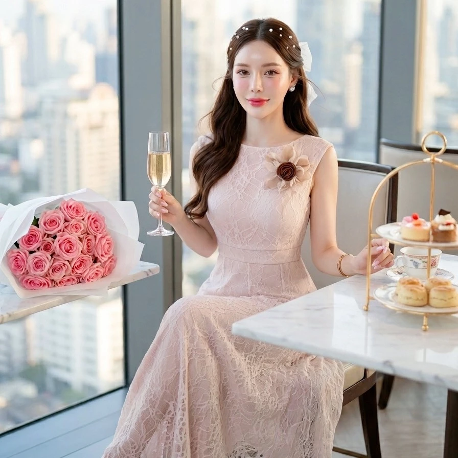[NITTAYA] D2745 ชุดเดรสกระโปรงยาวคอกลมแขนกุดเข็มกลัดดอกไม้ลูกไม้ซีทรูผู้ดีใส่ดินเนอร์ งานแต่ง ออกเดท