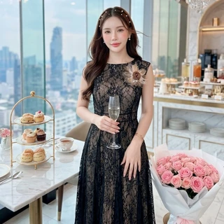 [NITTAYA] D2745 ชุดเดรสกระโปรงยาวคอกลมแขนกุดเข็มกลัดดอกไม้ลูกไม้ซีทรูผู้ดีใส่ดินเนอร์ งานแต่ง ออกเดท