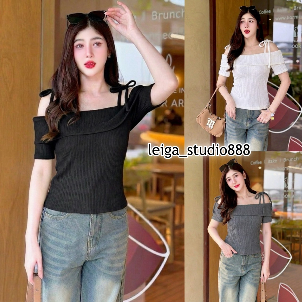เสื้อแฟชั่น ผ้าเปลือกไม้ แขนยาว สม็อคไหล่ ระบายอก ผูกโบว์อก ชายแต่งเฉียง ใส่เที่ยว ใส่ทำงาน เรียบหรู ใส่แมท LG249