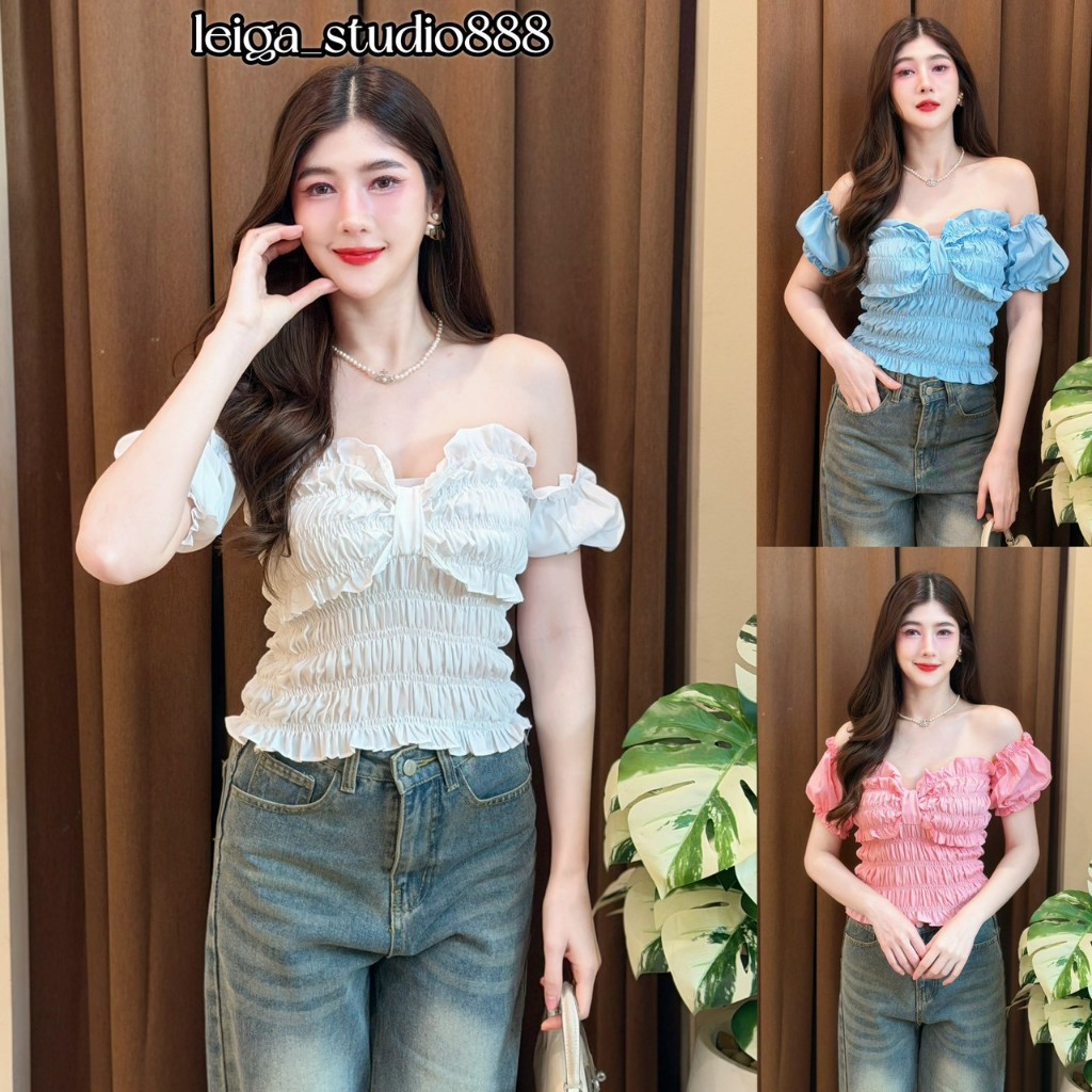 เสื้อแฟชั่น ผ้าไหมอิตาลี แขนตุ๊กตา สม็อครอบตัว เข้ารูป ดีเทลโบว์หน้า สวย เรียบหรู ใส่ทำงาน  ใส่แมท ใส่ออกงาน  สายคาเฟ่