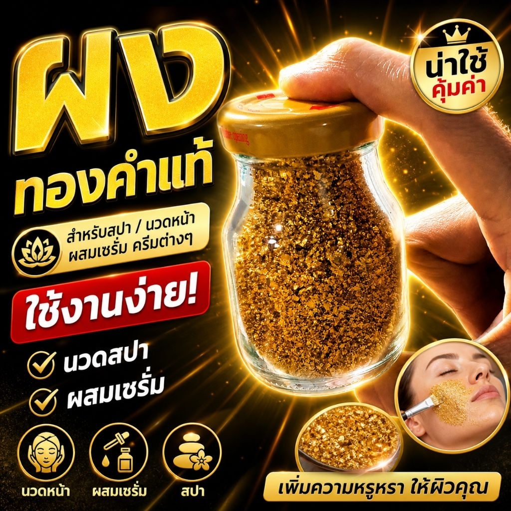 ผงทองคำแท้บริสุทธิ์ ผลิตจากทองคำแท้100% เพิ่มมูลค่าให้กับผลิตภัณฑ์ เช่นสบู่ ครีม เครื่องสำอางค์