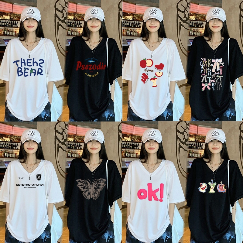 เสื้อยืดคอวีผู้หญิงแฟชั่นสาวอวบ oversize เสื้อผ้าวัยรุ่นน่ารัก เสื้อโอเวอร์ไซส์เกาหลี ลําลองทรงหลวม สกรีนลายวินเทจมาใหม่
