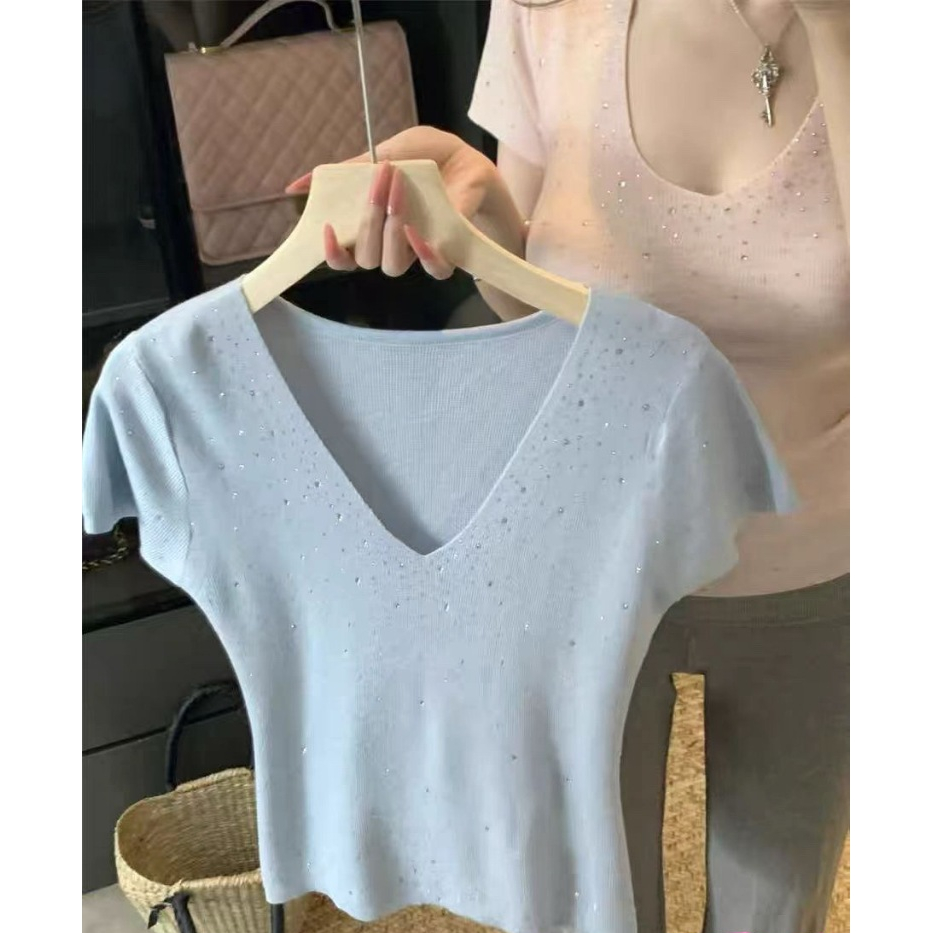 GaMin-0761 (มี 6สี) เสื้อไหมพรมแขนสั้นคอวี เสื้อแขนสั้นรุ่นใหม่ สีพื้นกากเพชร #B352