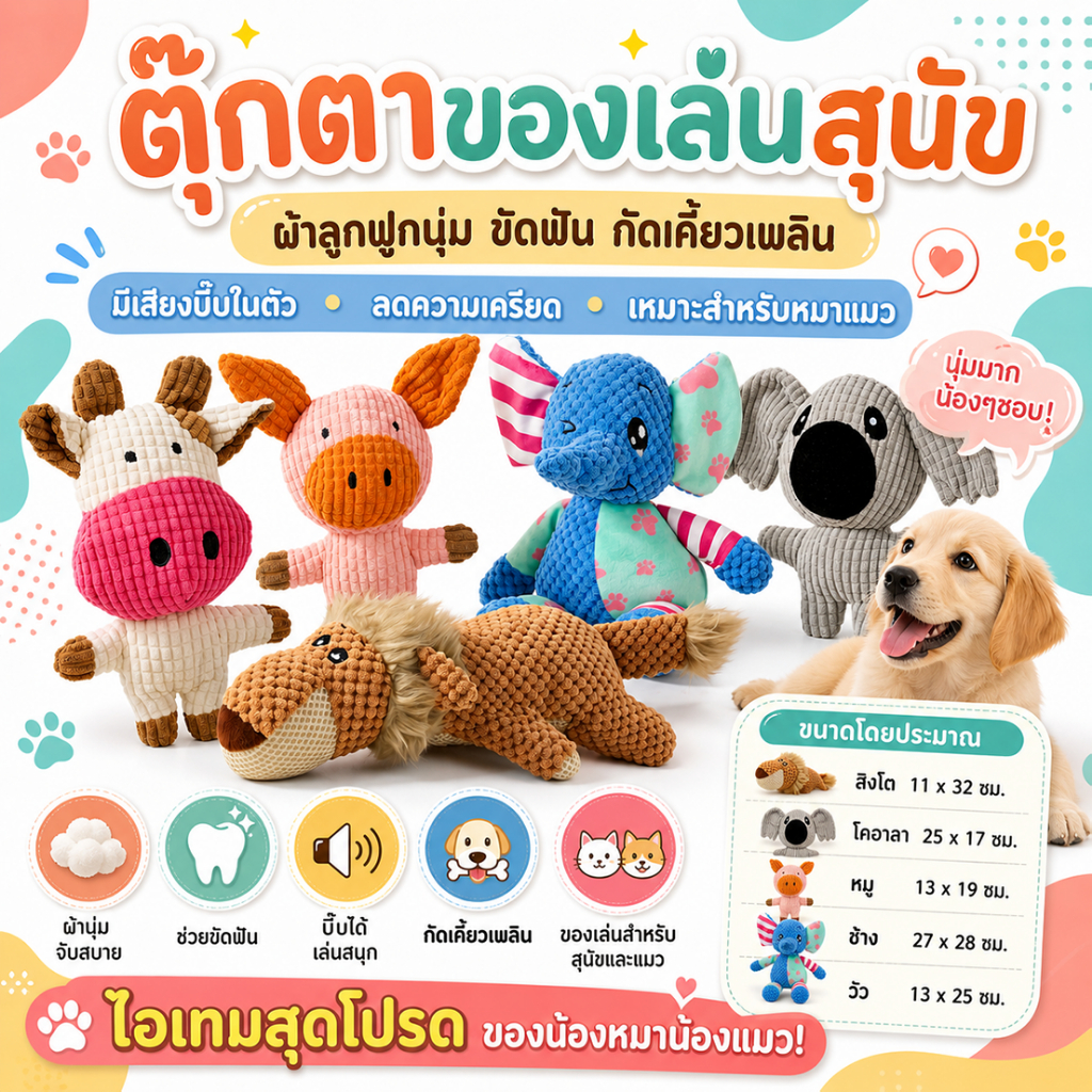 ของเล่นตุ๊กตาของเล่นสุนัข ผ้าลูกฟูกนุ่มแข็งแรงมาก มีเสียงบี๊บในตัว ของเล่นสุนัขนแมว กัดเคี้ยวเพลิน