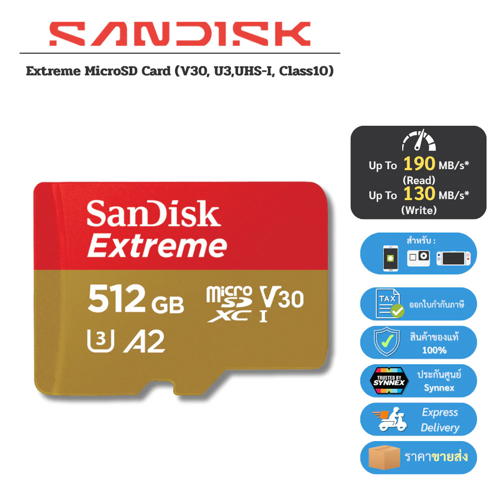 (ส่งด่วน) SANDISK Extreme Game Micro SDcard 256GB / 512GB / 1TB(190MB) UHS-I V30 U3 A2 Memory card Nintendo