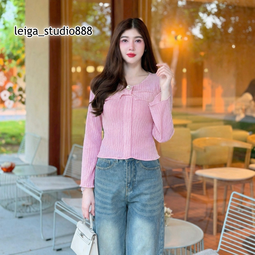 เสื้อแฟชั่น ผ้าเปลือกไม้ แขนสั้น  ดีเทลแต่งโบว์หน้า ติดกระดุม ใส่เที่ยว ใส่ทำงาน เรียบหรู ใส่แมท LG250