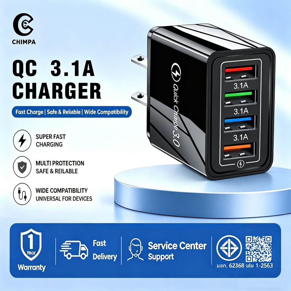 ที่ชาร์จเร็ว Fast Charging adapter USB QC 3.1A 4USB หัวชาร์จ ชาร์จได้ 4 พอร์ต หัวชาร์จอุกปกรณ์