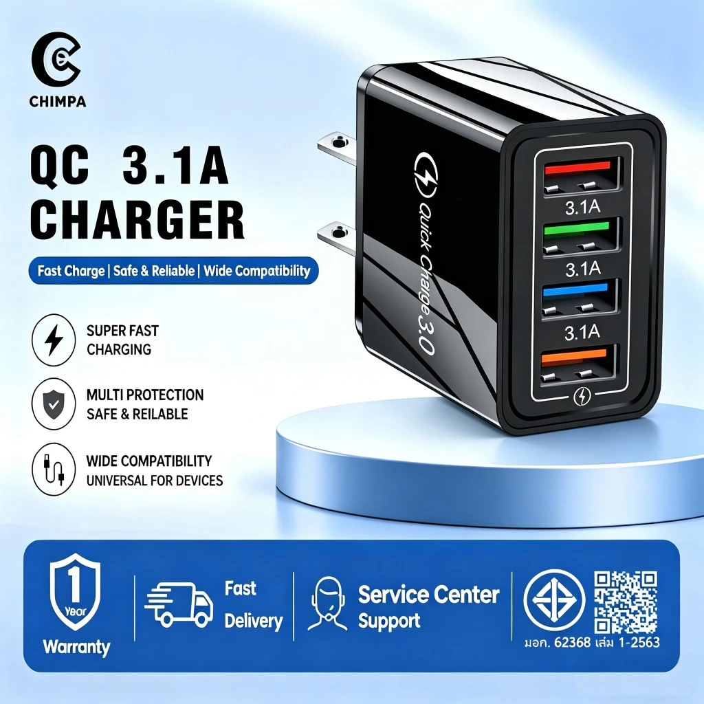 ที่ชาร์จเร็ว Fast Charging adapter USB QC 3.1A 4USB หัวชาร์จ ชาร์จได้ 4 พอร์ต หัวชาร์จอุกปกรณ์