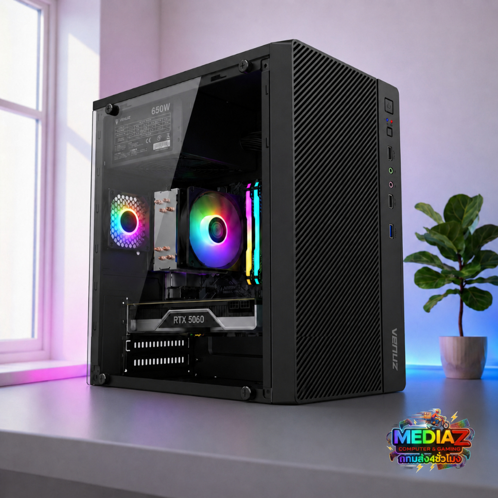 ส่งทันที เคส mATX เล็กจิ๋ว ฝาใส ราคาประหยัด พัดลมสีรุ้ง MediaZShop VENUZ VC-1709A Computer Case