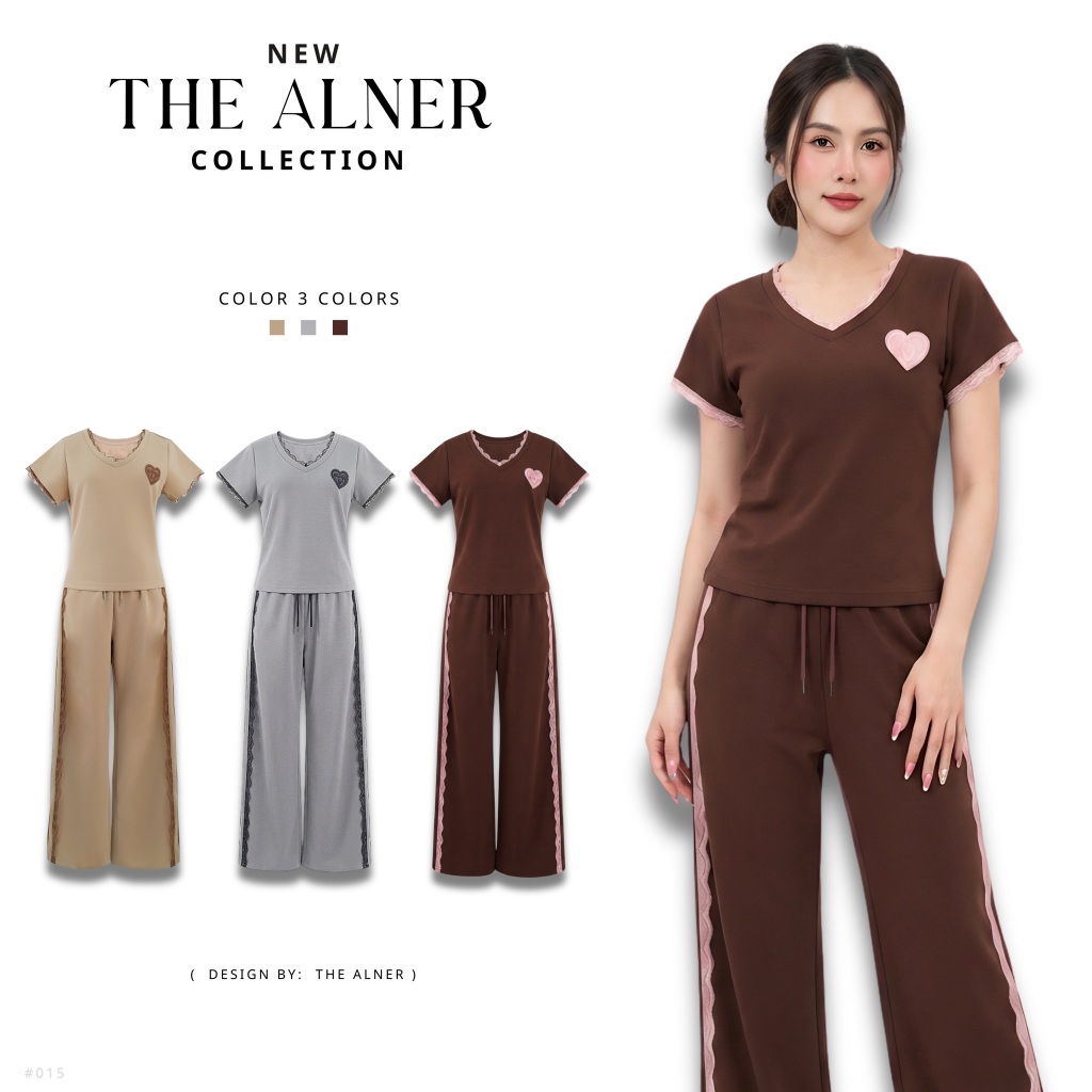 Thealner-AN015 (เซตเสื้อคอวีแขนสั้นกางเกงขายาวแต่งแถบ)