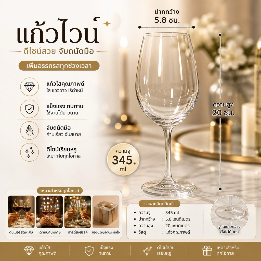พร้อมส่ง🍷แก้วไวน์ปากบาง ขนาด 345 ml. (รับประกันแตก)