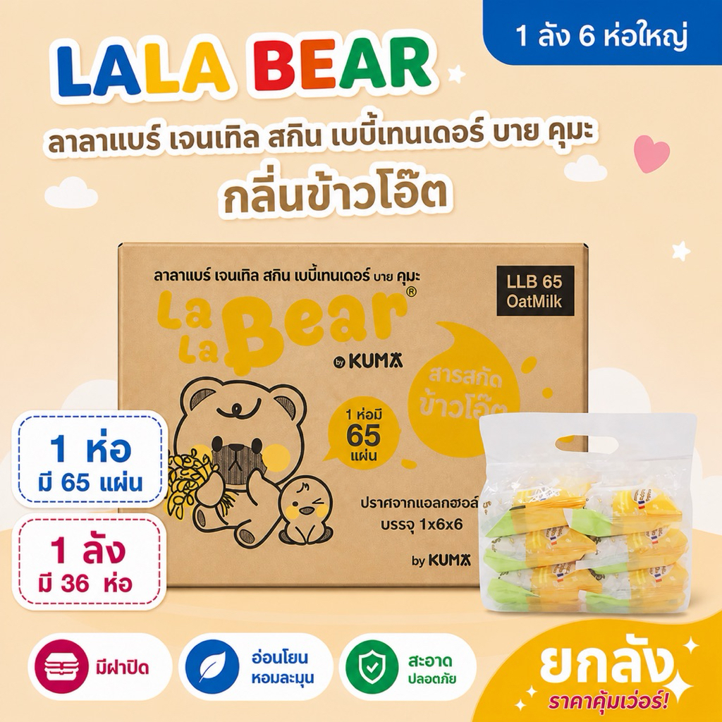 [ยกลัง] Lala Bear - ลาลาแบร์ กระดาษทิชชู่เปียก 65แผ่น ฝาล็อค 2 ชั้น กลิ่นข้าวโอ๊ต (36ห่อ/ลัง)