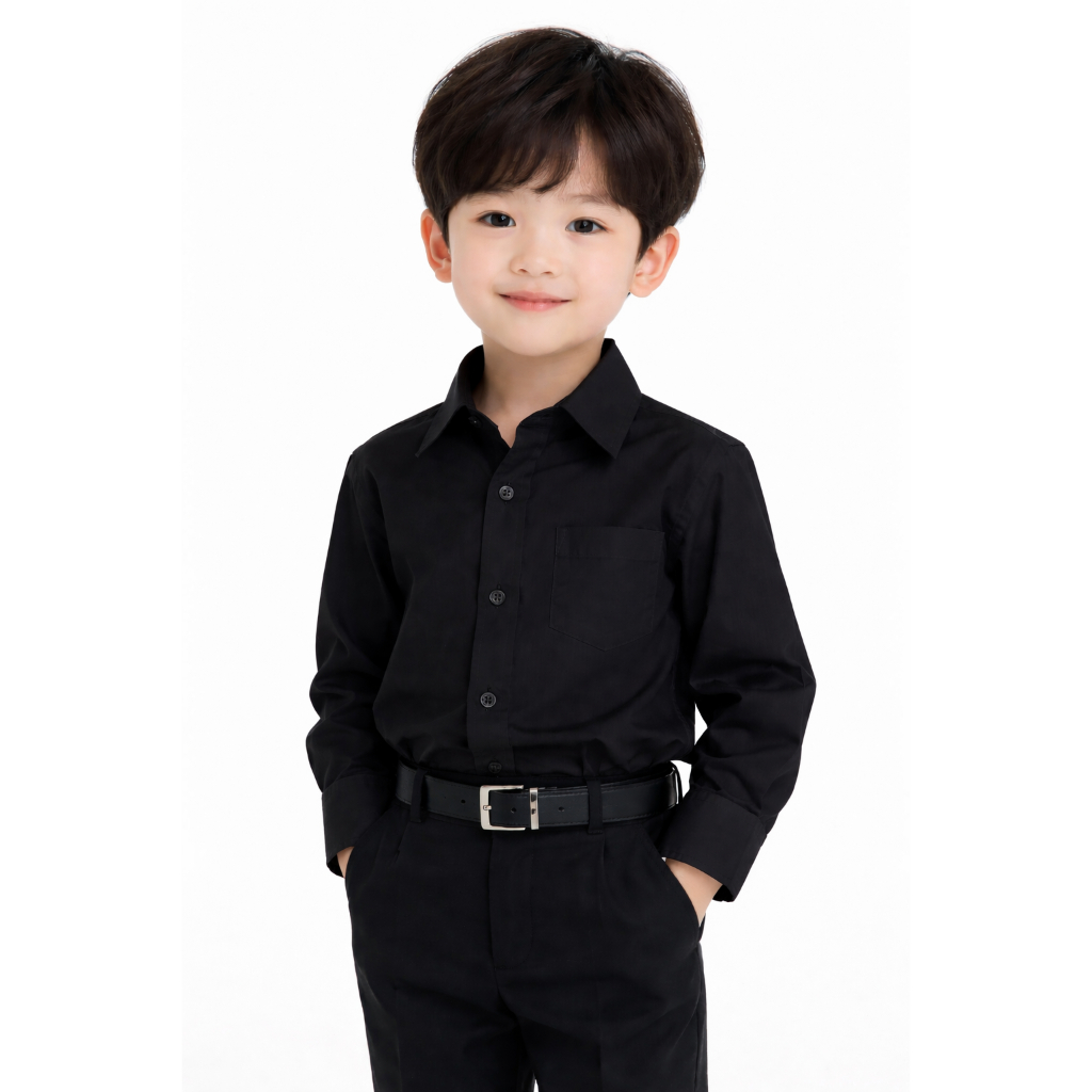 พร้อมส่ง!! เสื้อเชิ้ตเด็กสีดำ แขนยาว ใส่ออกงานได้ รหัส Boy's dress shirt solid black BO0669