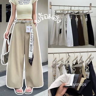 Reallyshops #9509(K) กางเกงขาวยาวทรงกระบอกใหญ่+เข็มขัดแต่ง เอวยางยืด ผู้หญิง พร้อมส่ง