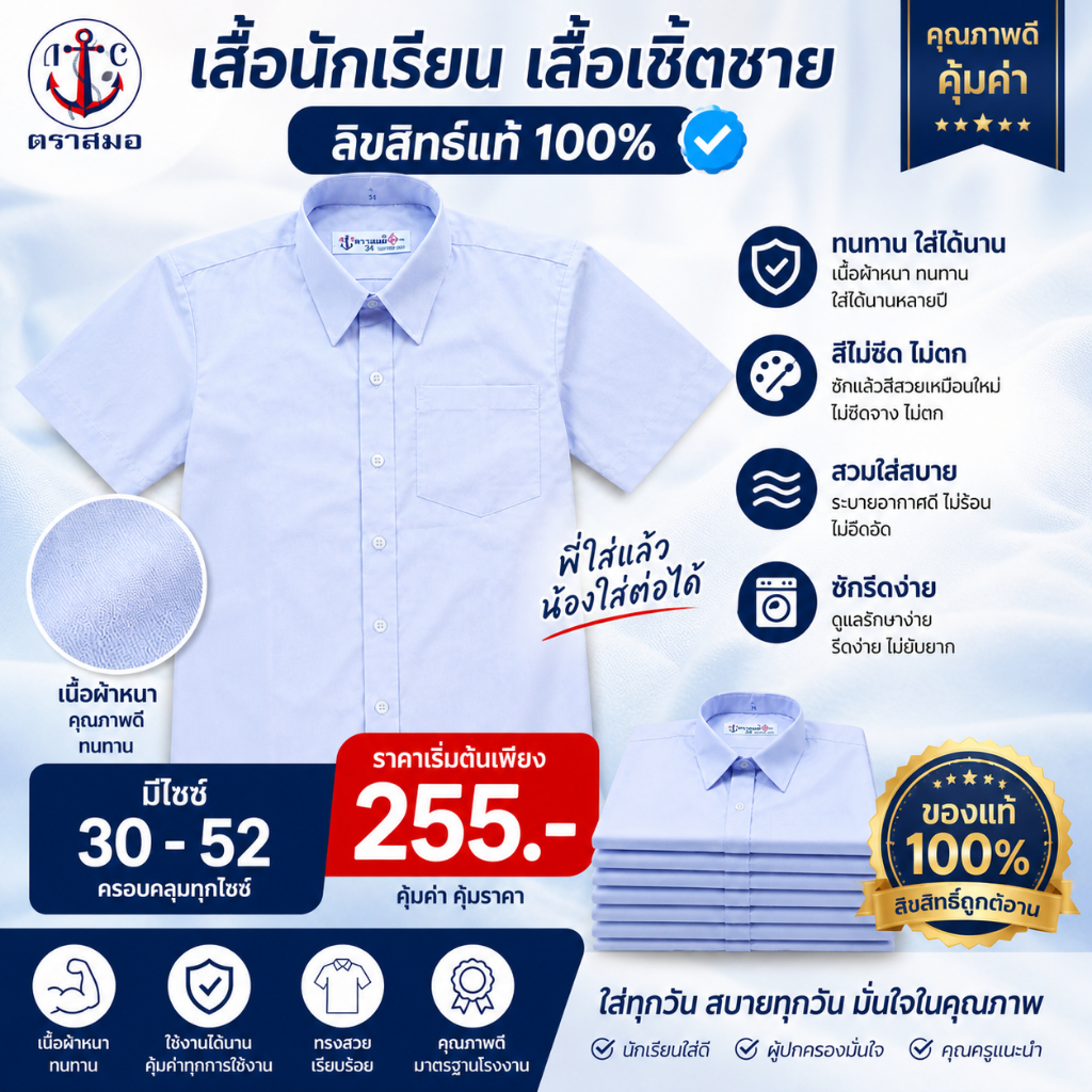 [ มีบิลสำหรับเบิก รร. ให้ค่ะ ] เสื้อนักเรียน เสื้อเชิ้ตชาย ตราสมอ รหัส SA1010100
