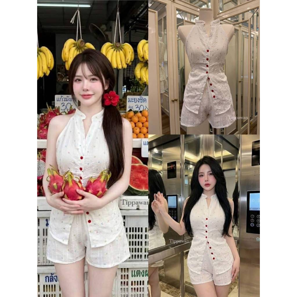 >>TIPPAWAN<< TPW   16596 Setติดแกลมค่าา แขนกุดคอจีน  ผ้าทอลายกระดุมหน้าใช้งานได้จรึง มาพร้อมขาสั้น