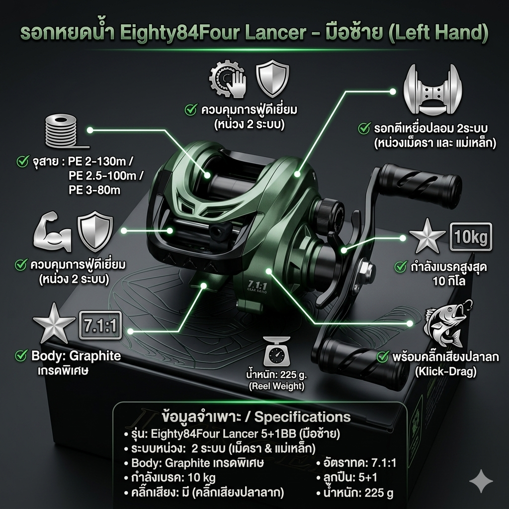 [ ของแท้ ]  รอกหยดน้ำ รอกเบท Eighty84Four Lancer 5+1BB Body Graphite เกรดพิเศษ พร้อมคลิ๊กเสียงปลาลาก