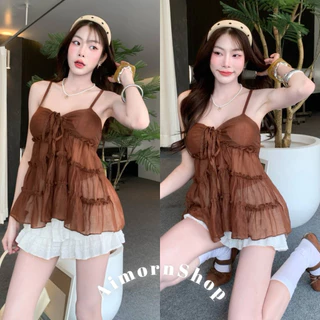 🔥aimorn_shop🔥 เสื้อสายเดี่ยว แต่งชั้นงานระบายน่ารักๆ ผูกโบว์ด้านหน้าเซ็กซี่มาก งานสวย ผ้าบาง มีซับในช่วงอก